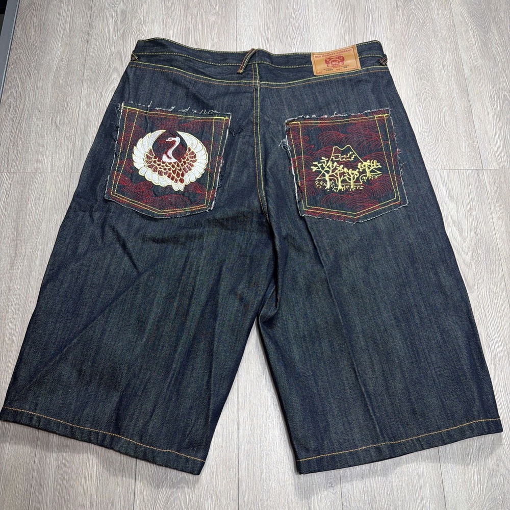 Vintage Y2K RMC Red Monkey Denim Jean Shorts Embroidered Baggy Sz 38 2000's NEW!